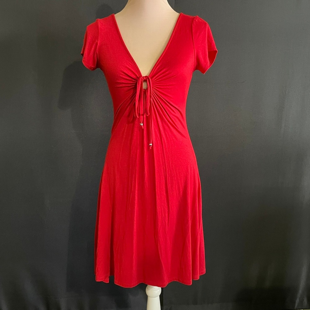 Express Knit Dress Womens Small Red Good Tie Front V-Neck Short Sleeve A-Line